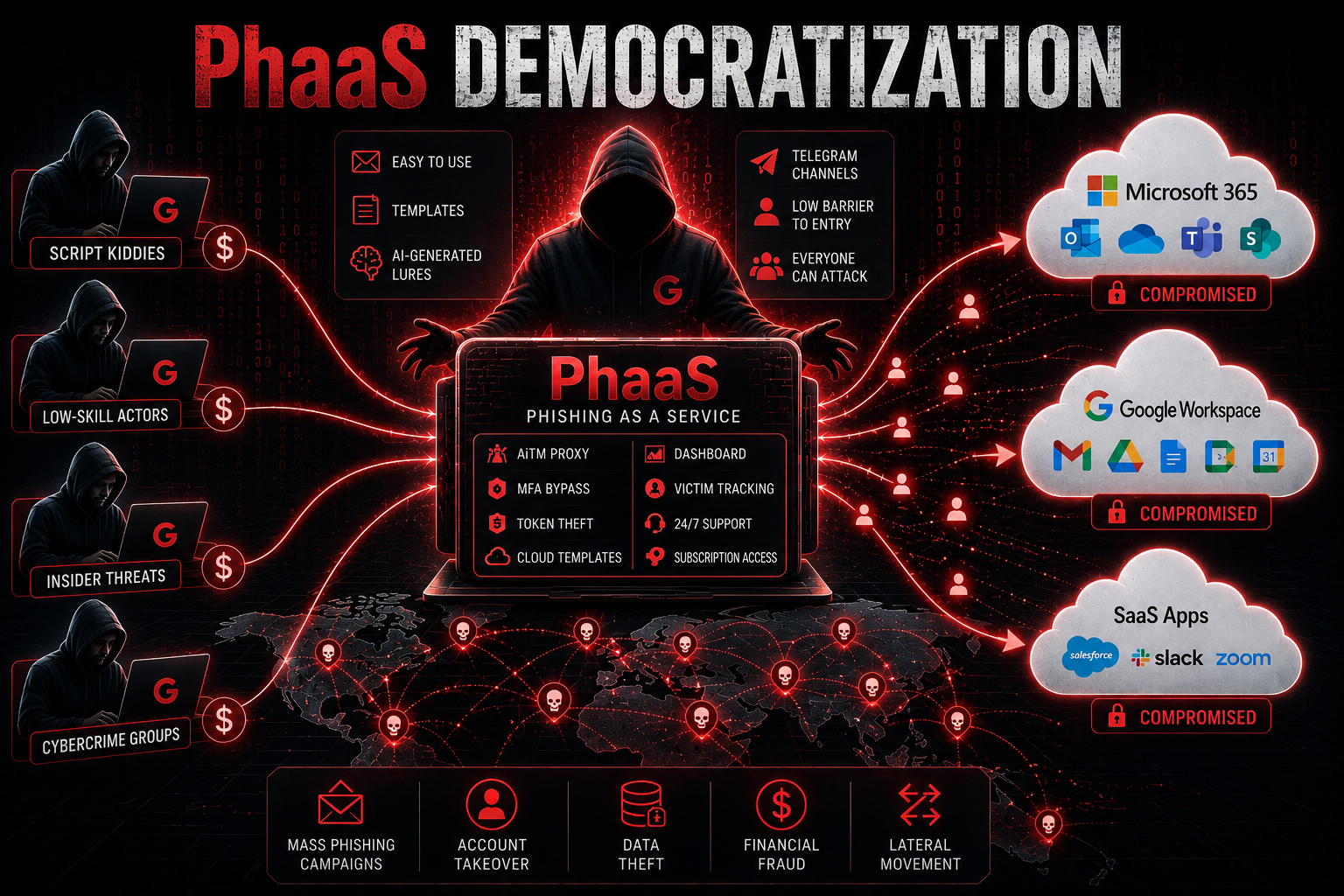 An infographic on PhaaS shows a hooded figure with red lines linking to attack types and victims, illustrating the democratization of cybercrime. Icons for Microsoft 365, Google Workspace, and SaaS apps highlight risks of cloud compromise.